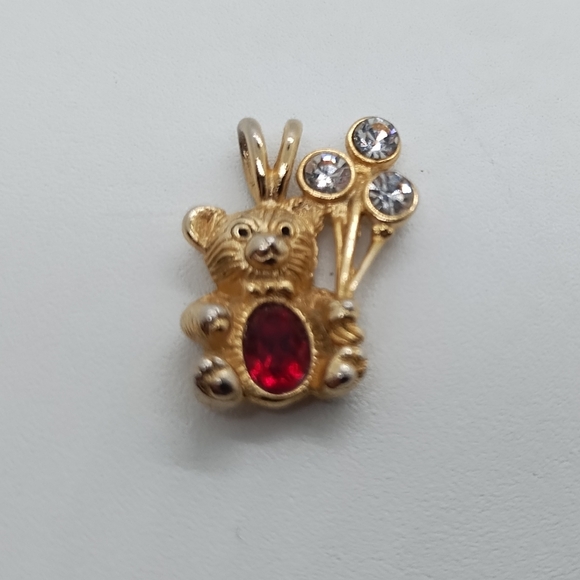 Bear Pendant Signed D.M.99 Gold Tone July Birthstone Red Belly Crystal Balloons - Picture 11 of 15